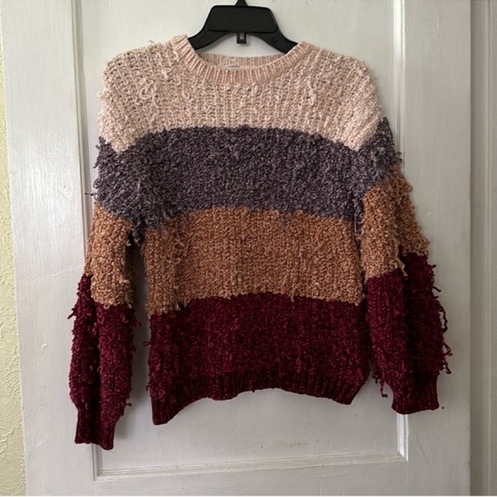Entro Color-Block Boho Shaggy Textured Long Sleeve Crew Neck Sweater Top